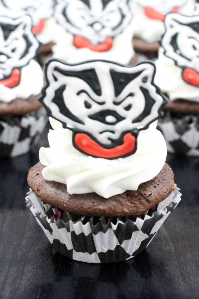 close up of bucky badger cupcakes