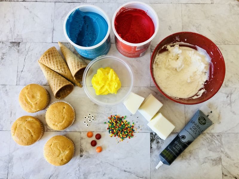 What you need to make clown cupcakes: