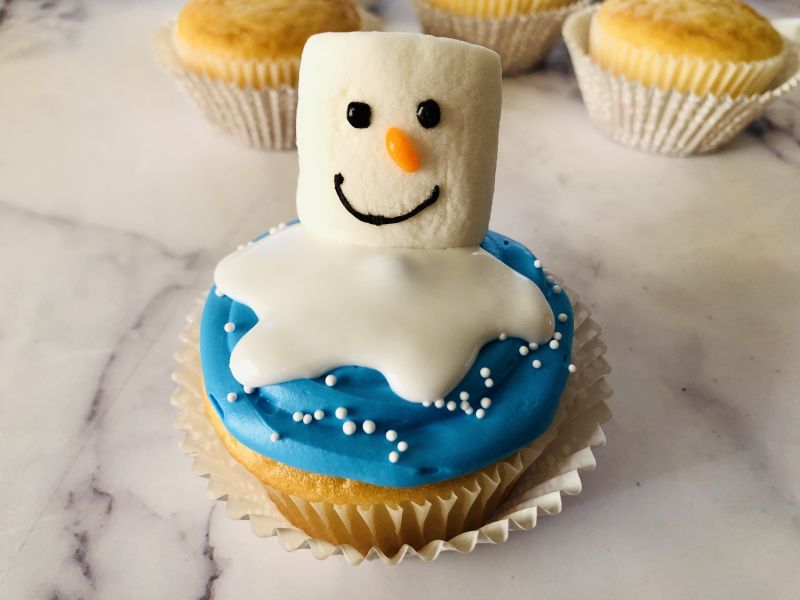 Melted snowman cupcake with head